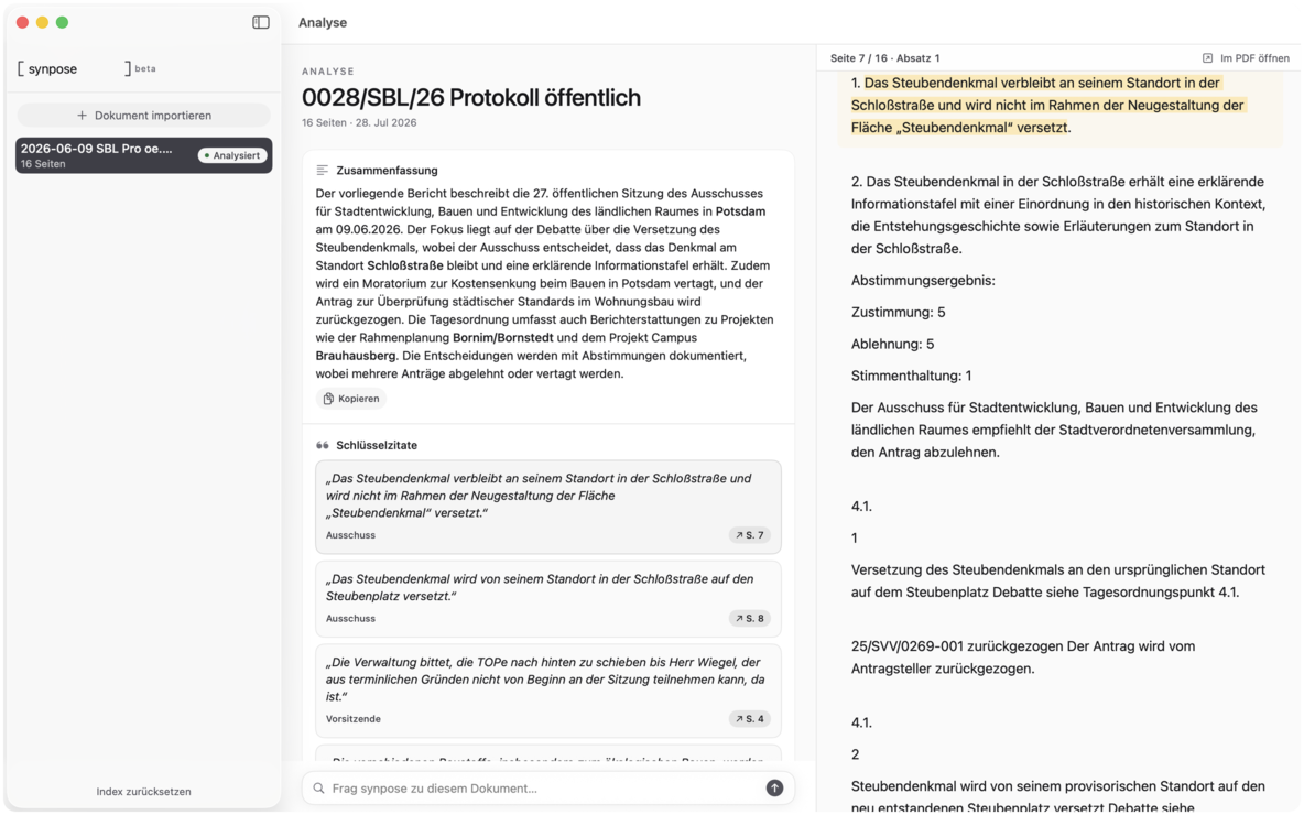 synpose analysing a council protocol: a summary and key quotes on the left, the cited passage highlighted in the source document on the right, labelled with page and paragraph